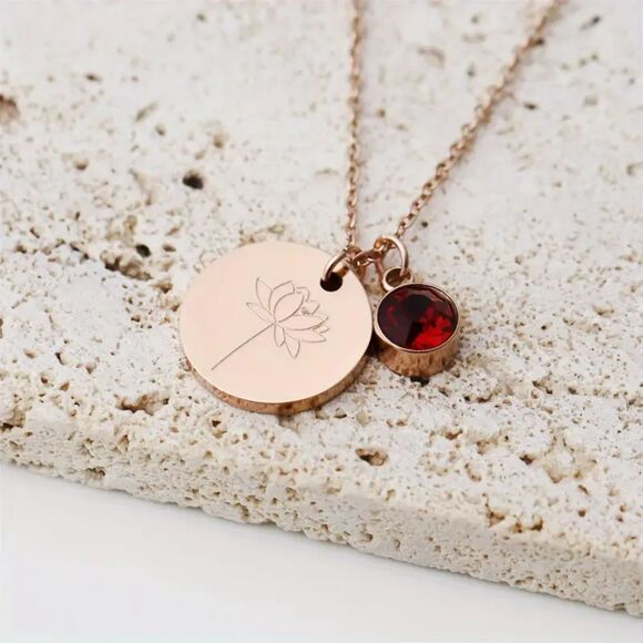 "July" Birth Flower & Glass Gem Pendant Necklace – Ruby-Inspired Sparkle - Picture 1 of 5